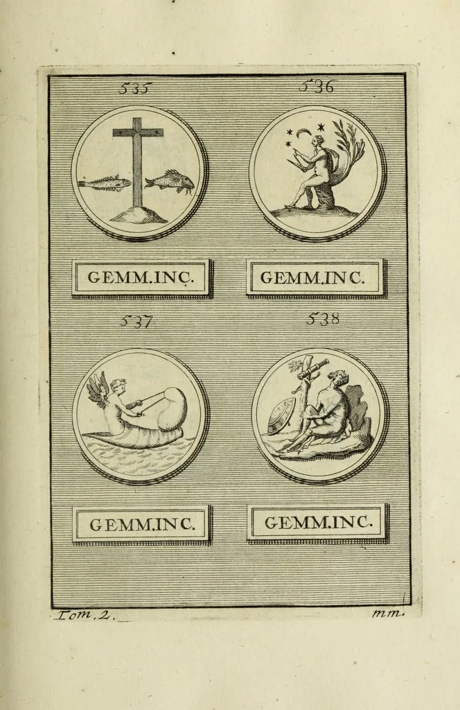 An illustration from Abrahami Gorlaei antverpiani Dactyliothecae, seu, Annulorum sigillarium quorum apud priscos tam Graecos quam Romanos usus, ex ferro, aere, argento & auro promptuarii pars prima[-secunda] : collectis aliunde & ineditis & editis annulorum figuris auctior, 1695, leaf 340