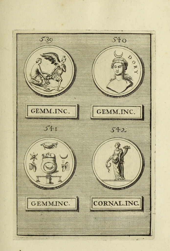 An illustration from Abrahami Gorlaei antverpiani Dactyliothecae, seu, Annulorum sigillarium quorum apud priscos tam Graecos quam Romanos usus, ex ferro, aere, argento & auro promptuarii pars prima[-secunda] : collectis aliunde & ineditis & editis annulorum figuris auctior, 1695, leaf 342