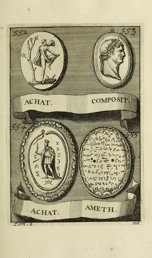 An illustration from Abrahami Gorlaei antverpiani Dactyliothecae, seu, Annulorum sigillarium quorum apud priscos tam Graecos quam Romanos usus, ex ferro, aere, argento & auro promptuarii pars prima[-secunda] : collectis aliunde & ineditis & editis annulorum figuris auctior, 1695, leaf 348