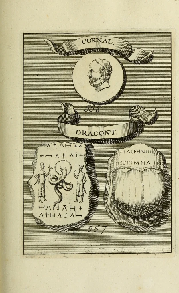 An illustration from Abrahami Gorlaei antverpiani Dactyliothecae, seu, Annulorum sigillarium quorum apud priscos tam Graecos quam Romanos usus, ex ferro, aere, argento & auro promptuarii pars prima[-secunda] : collectis aliunde & ineditis & editis annulorum figuris auctior, 1695, leaf 350