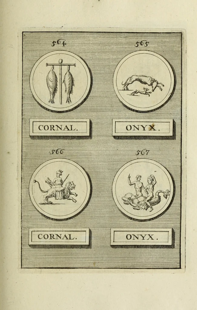 An illustration from Abrahami Gorlaei antverpiani Dactyliothecae, seu, Annulorum sigillarium quorum apud priscos tam Graecos quam Romanos usus, ex ferro, aere, argento & auro promptuarii pars prima[-secunda] : collectis aliunde & ineditis & editis annulorum figuris auctior, 1695, leaf 358