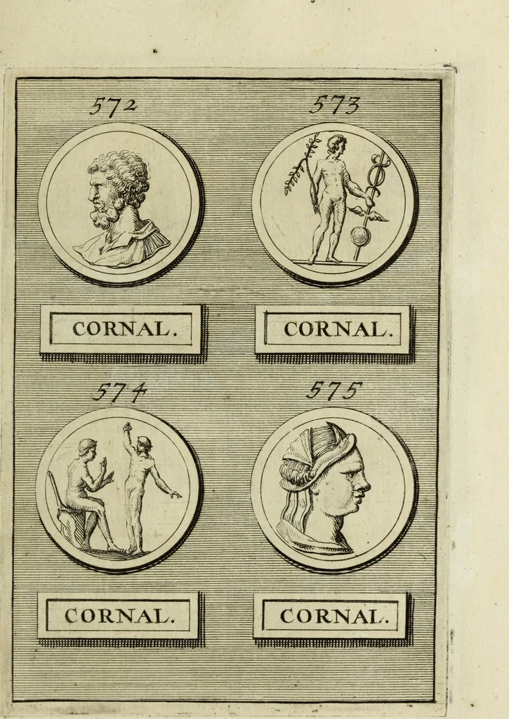 An illustration from Abrahami Gorlaei antverpiani Dactyliothecae, seu, Annulorum sigillarium quorum apud priscos tam Graecos quam Romanos usus, ex ferro, aere, argento & auro promptuarii pars prima[-secunda] : collectis aliunde & ineditis & editis annulorum figuris auctior, 1695, leaf 362