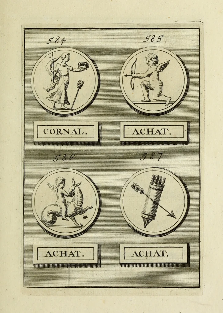 An illustration from Abrahami Gorlaei antverpiani Dactyliothecae, seu, Annulorum sigillarium quorum apud priscos tam Graecos quam Romanos usus, ex ferro, aere, argento & auro promptuarii pars prima[-secunda] : collectis aliunde & ineditis & editis annulorum figuris auctior, 1695, leaf 368