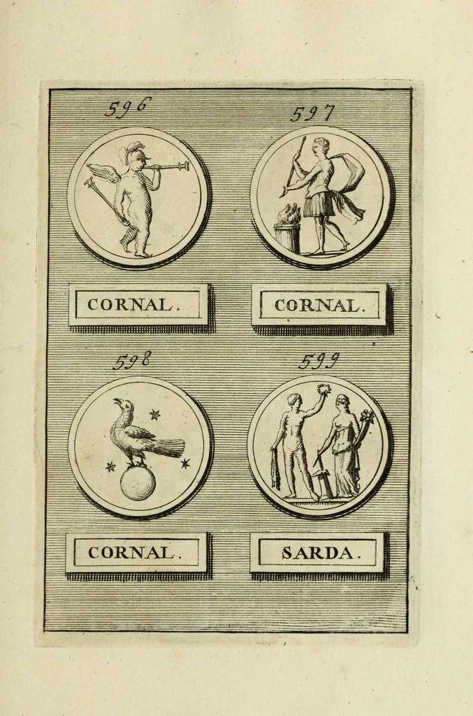 An illustration from Abrahami Gorlaei antverpiani Dactyliothecae, seu, Annulorum sigillarium quorum apud priscos tam Graecos quam Romanos usus, ex ferro, aere, argento & auro promptuarii pars prima[-secunda] : collectis aliunde & ineditis & editis annulorum figuris auctior, 1695, leaf 374