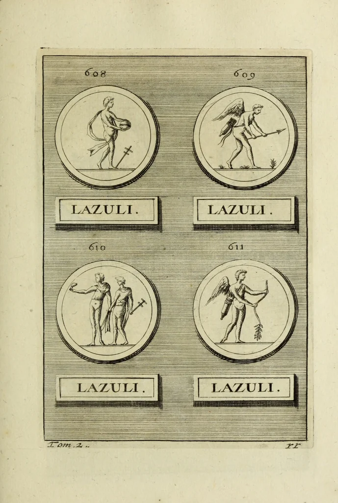 An illustration from Abrahami Gorlaei antverpiani Dactyliothecae, seu, Annulorum sigillarium quorum apud priscos tam Graecos quam Romanos usus, ex ferro, aere, argento & auro promptuarii pars prima[-secunda] : collectis aliunde & ineditis & editis annulorum figuris auctior, 1695, leaf 380