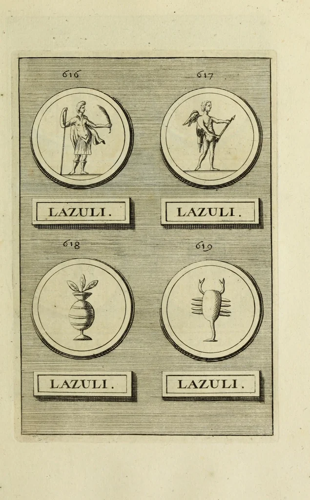 An illustration from Abrahami Gorlaei antverpiani Dactyliothecae, seu, Annulorum sigillarium quorum apud priscos tam Graecos quam Romanos usus, ex ferro, aere, argento & auro promptuarii pars prima[-secunda] : collectis aliunde & ineditis & editis annulorum figuris auctior, 1695, leaf 384