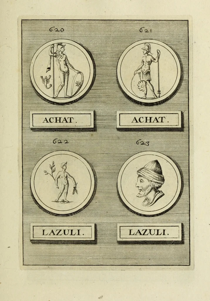 An illustration from Abrahami Gorlaei antverpiani Dactyliothecae, seu, Annulorum sigillarium quorum apud priscos tam Graecos quam Romanos usus, ex ferro, aere, argento & auro promptuarii pars prima[-secunda] : collectis aliunde & ineditis & editis annulorum figuris auctior, 1695, leaf 386