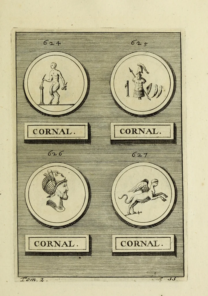 An illustration from Abrahami Gorlaei antverpiani Dactyliothecae, seu, Annulorum sigillarium quorum apud priscos tam Graecos quam Romanos usus, ex ferro, aere, argento & auro promptuarii pars prima[-secunda] : collectis aliunde & ineditis & editis annulorum figuris auctior, 1695, leaf 388