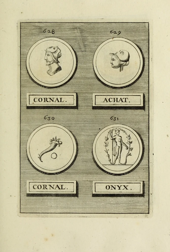 An illustration from Abrahami Gorlaei antverpiani Dactyliothecae, seu, Annulorum sigillarium quorum apud priscos tam Graecos quam Romanos usus, ex ferro, aere, argento & auro promptuarii pars prima[-secunda] : collectis aliunde & ineditis & editis annulorum figuris auctior, 1695, leaf 390