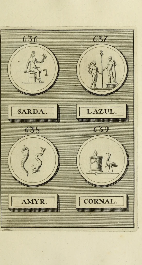 An illustration from Abrahami Gorlaei antverpiani Dactyliothecae, seu, Annulorum sigillarium quorum apud priscos tam Graecos quam Romanos usus, ex ferro, aere, argento & auro promptuarii pars prima[-secunda] : collectis aliunde & ineditis & editis annulorum figuris auctior, 1695, leaf 394