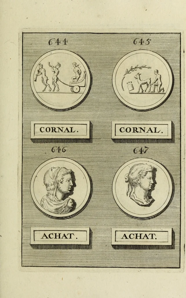 An illustration from Abrahami Gorlaei antverpiani Dactyliothecae, seu, Annulorum sigillarium quorum apud priscos tam Graecos quam Romanos usus, ex ferro, aere, argento & auro promptuarii pars prima[-secunda] : collectis aliunde & ineditis & editis annulorum figuris auctior, 1695, leaf 398