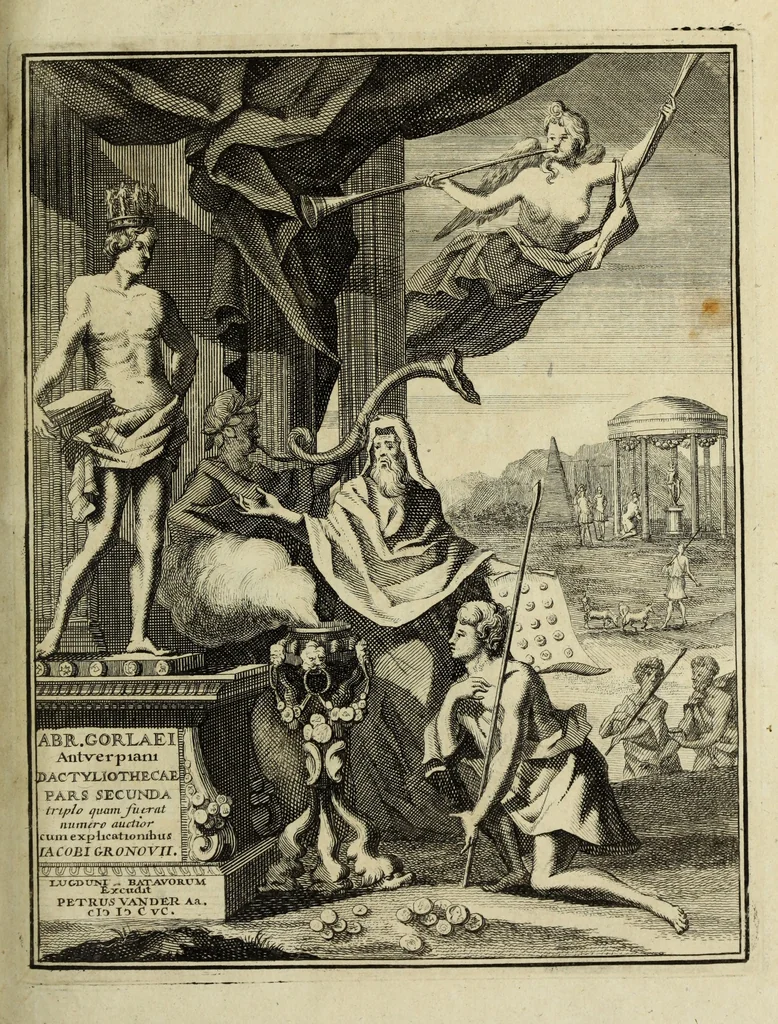 An illustration from Abrahami Gorlaei antverpiani Dactyliothecae, seu, Annulorum sigillarium quorum apud priscos tam Graecos quam Romanos usus, ex ferro, aere, argento & auro promptuarii pars prima[-secunda] : collectis aliunde & ineditis & editis annulorum figuris auctior, 1695, leaf 4