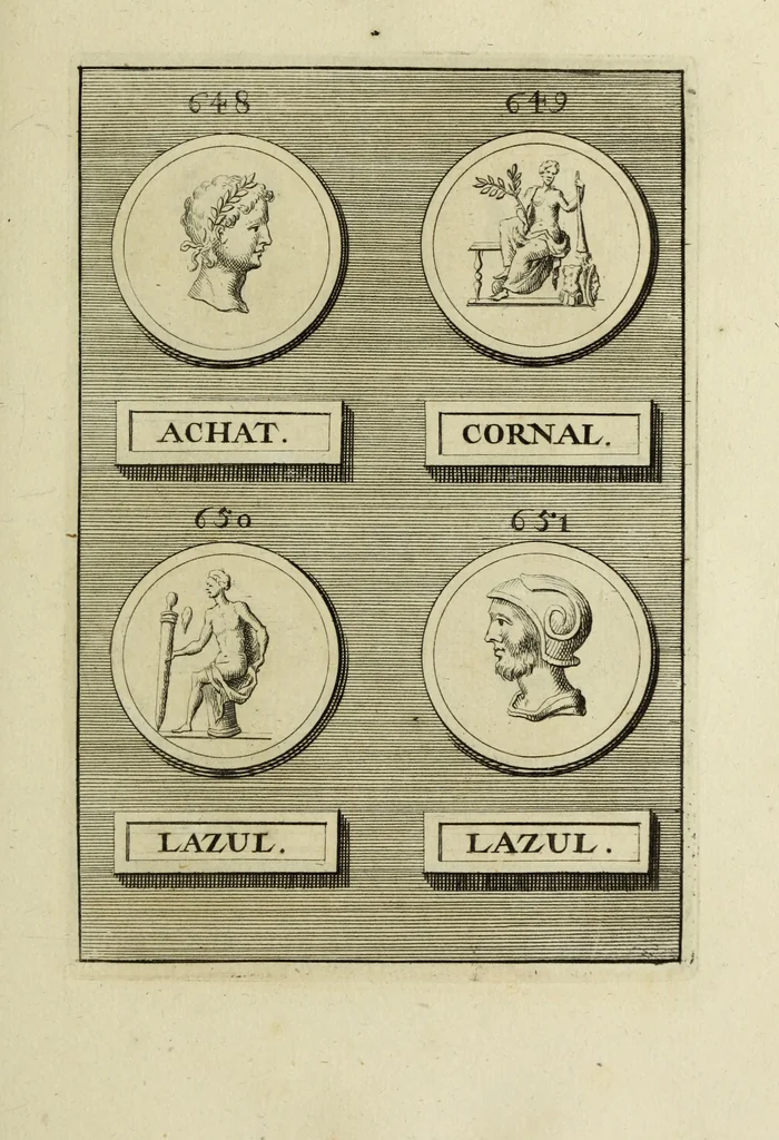 An illustration from Abrahami Gorlaei antverpiani Dactyliothecae, seu, Annulorum sigillarium quorum apud priscos tam Graecos quam Romanos usus, ex ferro, aere, argento & auro promptuarii pars prima[-secunda] : collectis aliunde & ineditis & editis annulorum figuris auctior, 1695, leaf 400
