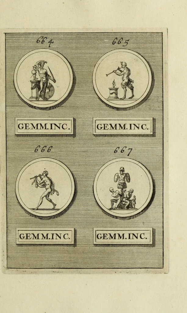 An illustration from Abrahami Gorlaei antverpiani Dactyliothecae, seu, Annulorum sigillarium quorum apud priscos tam Graecos quam Romanos usus, ex ferro, aere, argento & auro promptuarii pars prima[-secunda] : collectis aliunde & ineditis & editis annulorum figuris auctior, 1695, leaf 408