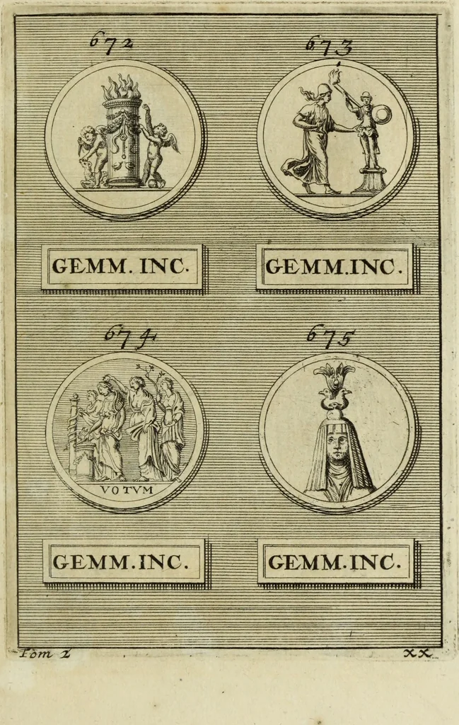 An illustration from Abrahami Gorlaei antverpiani Dactyliothecae, seu, Annulorum sigillarium quorum apud priscos tam Graecos quam Romanos usus, ex ferro, aere, argento & auro promptuarii pars prima[-secunda] : collectis aliunde & ineditis & editis annulorum figuris auctior, 1695, leaf 412