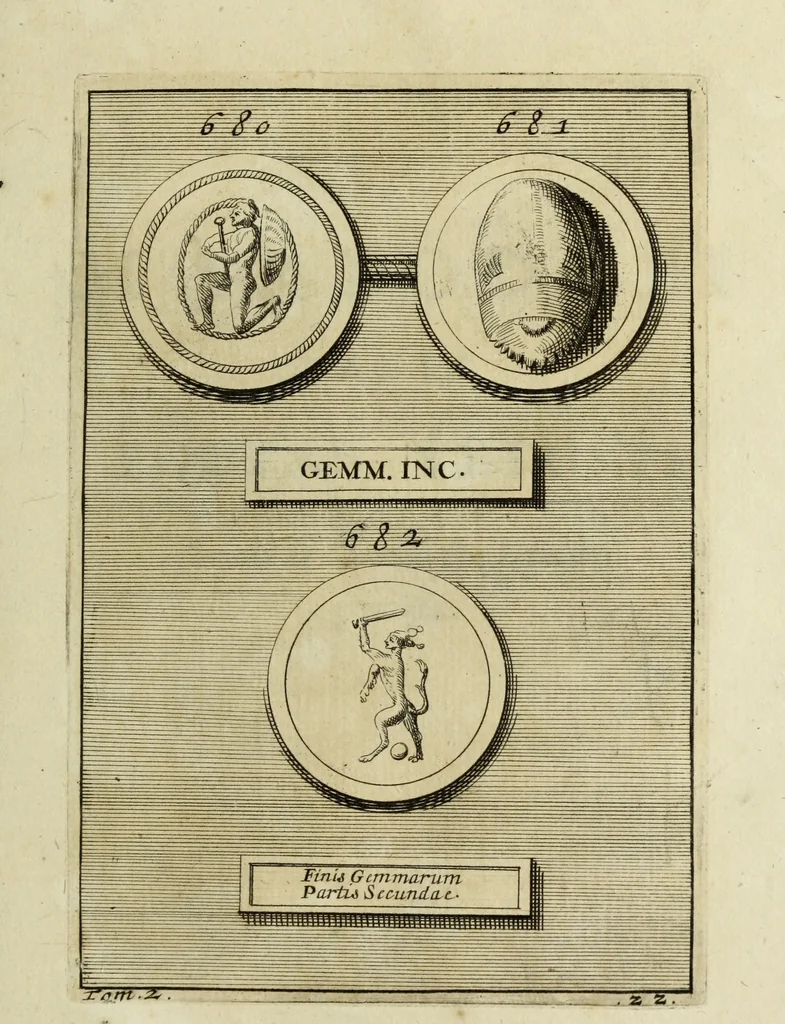 An illustration from Abrahami Gorlaei antverpiani Dactyliothecae, seu, Annulorum sigillarium quorum apud priscos tam Graecos quam Romanos usus, ex ferro, aere, argento & auro promptuarii pars prima[-secunda] : collectis aliunde & ineditis & editis annulorum figuris auctior, 1695, leaf 416