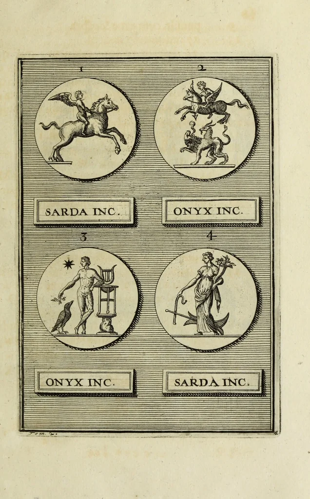 An illustration from Abrahami Gorlaei antverpiani Dactyliothecae, seu, Annulorum sigillarium quorum apud priscos tam Graecos quam Romanos usus, ex ferro, aere, argento & auro promptuarii pars prima[-secunda] : collectis aliunde & ineditis & editis annulorum figuris auctior, 1695, leaf 68