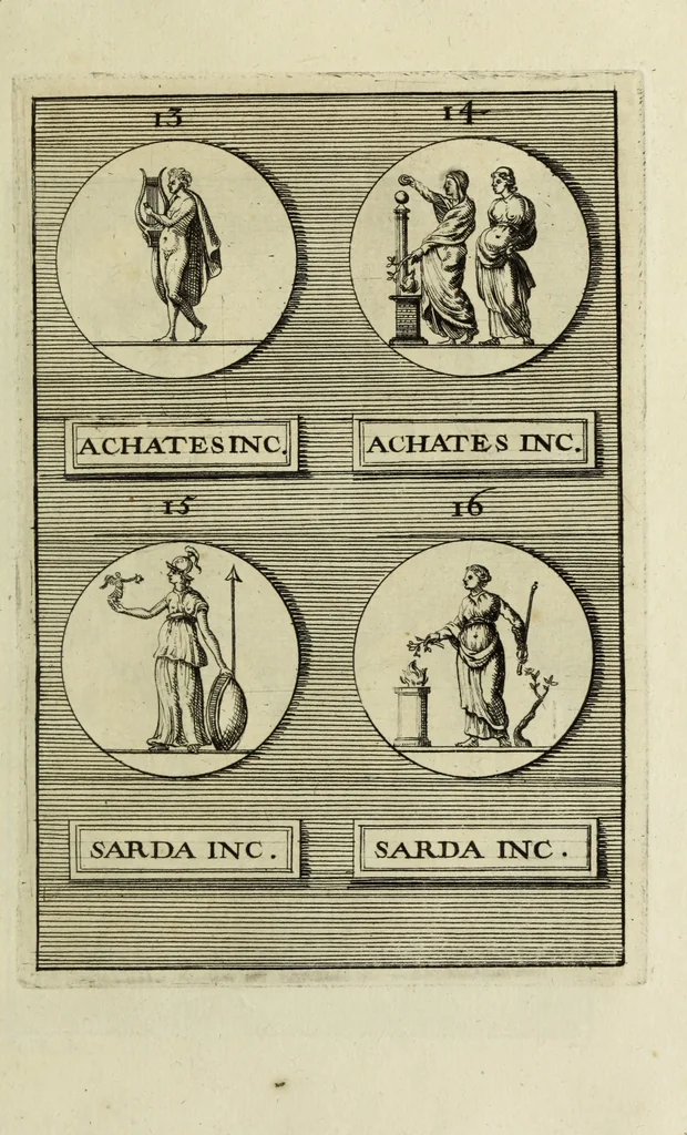 An illustration from Abrahami Gorlaei antverpiani Dactyliothecae, seu, Annulorum sigillarium quorum apud priscos tam Graecos quam Romanos usus, ex ferro, aere, argento & auro promptuarii pars prima[-secunda] : collectis aliunde & ineditis & editis annulorum figuris auctior, 1695, leaf 74