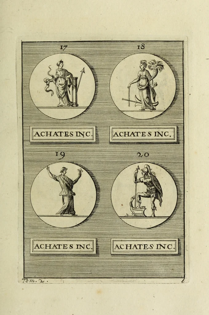 An illustration from Abrahami Gorlaei antverpiani Dactyliothecae, seu, Annulorum sigillarium quorum apud priscos tam Graecos quam Romanos usus, ex ferro, aere, argento & auro promptuarii pars prima[-secunda] : collectis aliunde & ineditis & editis annulorum figuris auctior, 1695, leaf 76