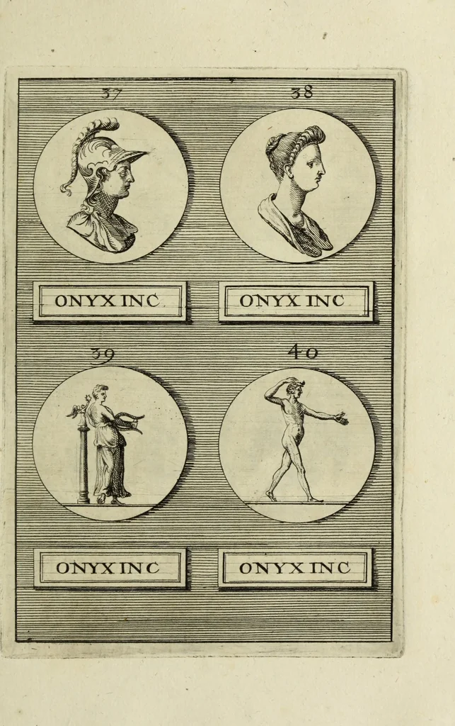 An illustration from Abrahami Gorlaei antverpiani Dactyliothecae, seu, Annulorum sigillarium quorum apud priscos tam Graecos quam Romanos usus, ex ferro, aere, argento & auro promptuarii pars prima[-secunda] : collectis aliunde & ineditis & editis annulorum figuris auctior, 1695, leaf 86