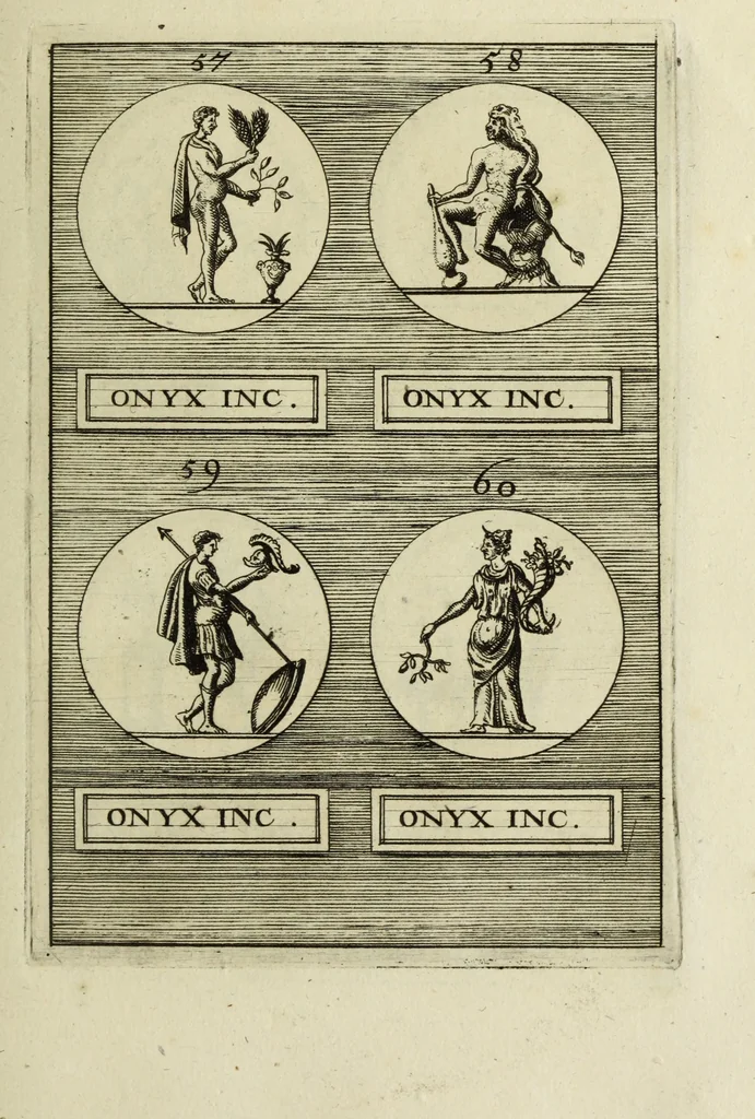 An illustration from Abrahami Gorlaei antverpiani Dactyliothecae, seu, Annulorum sigillarium quorum apud priscos tam Graecos quam Romanos usus, ex ferro, aere, argento & auro promptuarii pars prima[-secunda] : collectis aliunde & ineditis & editis annulorum figuris auctior, 1695, leaf 96