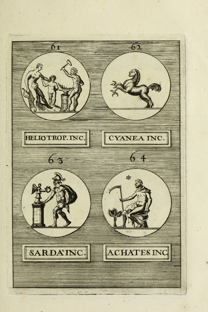 An illustration from Abrahami Gorlaei antverpiani Dactyliothecae, seu, Annulorum sigillarium quorum apud priscos tam Graecos quam Romanos usus, ex ferro, aere, argento & auro promptuarii pars prima[-secunda] : collectis aliunde & ineditis & editis annulorum figuris auctior, 1695, leaf 98