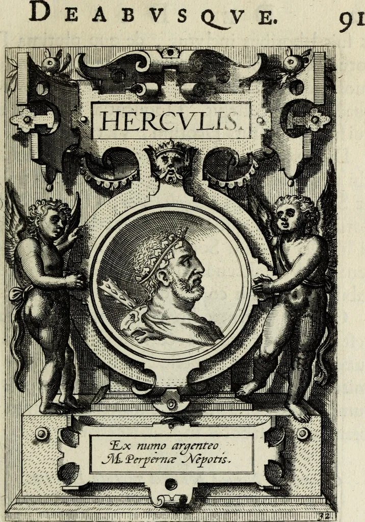 An illustration from Abrahami Ortelii, cosmographi et geographi regii, Deorum dearumque capita, ex antiquis numismatibus collecta, 1683, leaf 110