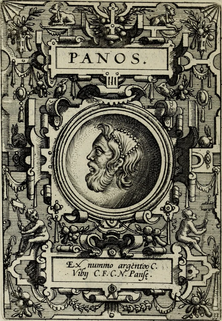 An illustration from Abrahami Ortelii, cosmographi et geographi regii, Deorum dearumque capita, ex antiquis numismatibus collecta, 1683, leaf 113
