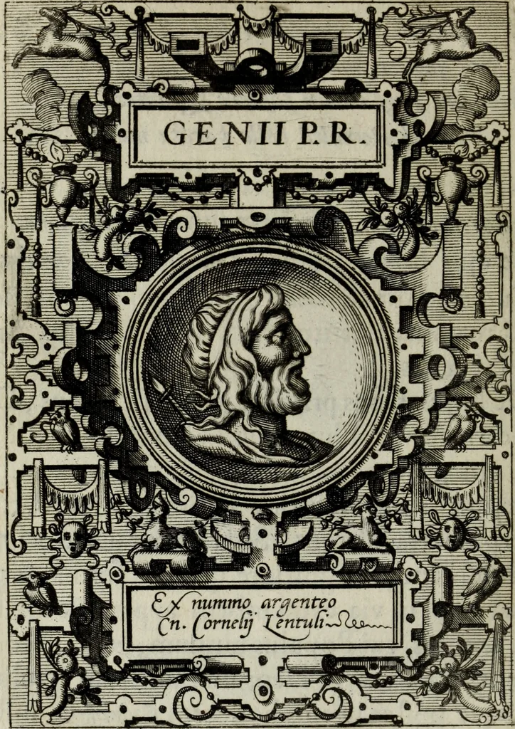 An illustration from Abrahami Ortelii, cosmographi et geographi regii, Deorum dearumque capita, ex antiquis numismatibus collecta, 1683, leaf 127