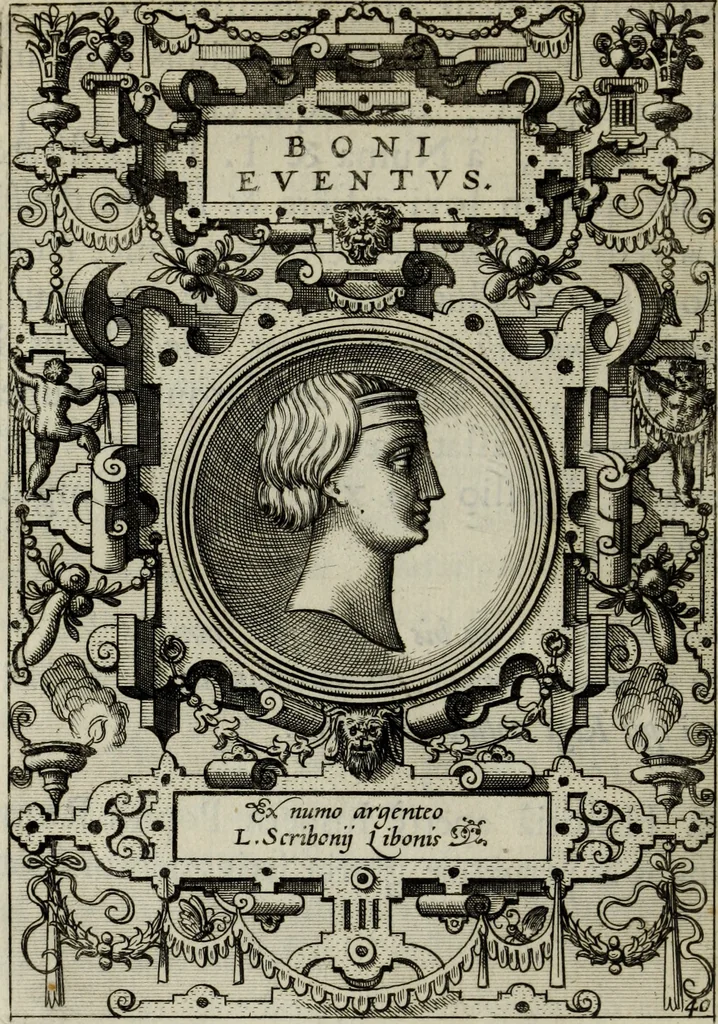 An illustration from Abrahami Ortelii, cosmographi et geographi regii, Deorum dearumque capita, ex antiquis numismatibus collecta, 1683, leaf 133