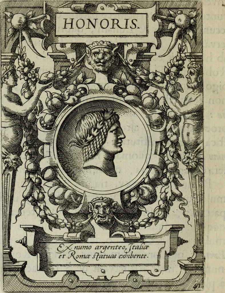 An illustration from Abrahami Ortelii, cosmographi et geographi regii, Deorum dearumque capita, ex antiquis numismatibus collecta, 1683, leaf 135