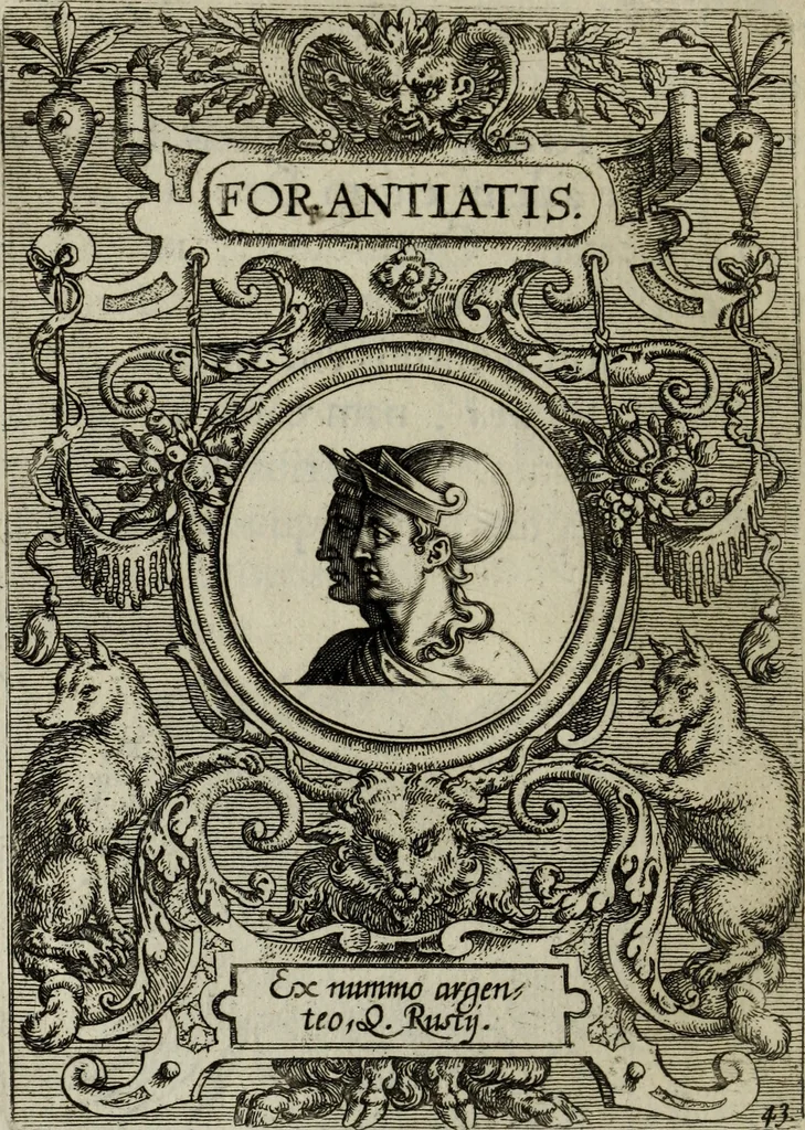 An illustration from Abrahami Ortelii, cosmographi et geographi regii, Deorum dearumque capita, ex antiquis numismatibus collecta, 1683, leaf 141