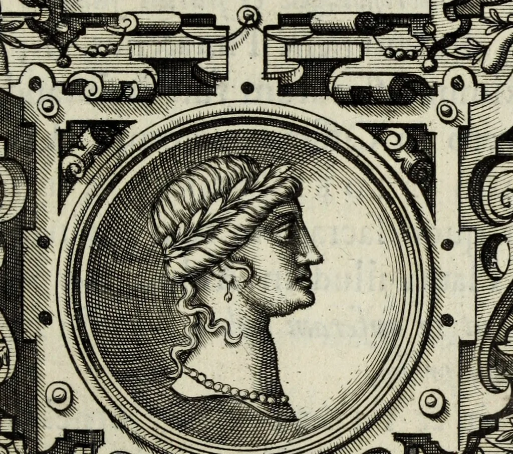 An illustration from Abrahami Ortelii, cosmographi et geographi regii, Deorum dearumque capita, ex antiquis numismatibus collecta, 1683, leaf 158