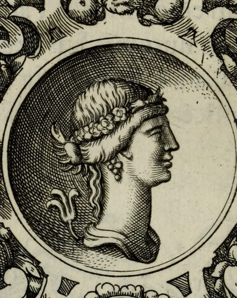 An illustration from Abrahami Ortelii, cosmographi et geographi regii, Deorum dearumque capita, ex antiquis numismatibus collecta, 1683, leaf 173