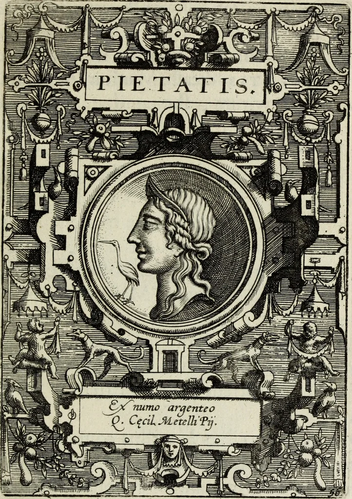 An illustration from Abrahami Ortelii, cosmographi et geographi regii, Deorum dearumque capita, ex antiquis numismatibus collecta, 1683, leaf 178