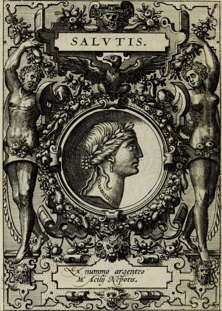 An illustration from Abrahami Ortelii, cosmographi et geographi regii, Deorum dearumque capita, ex antiquis numismatibus collecta, 1683, leaf 181