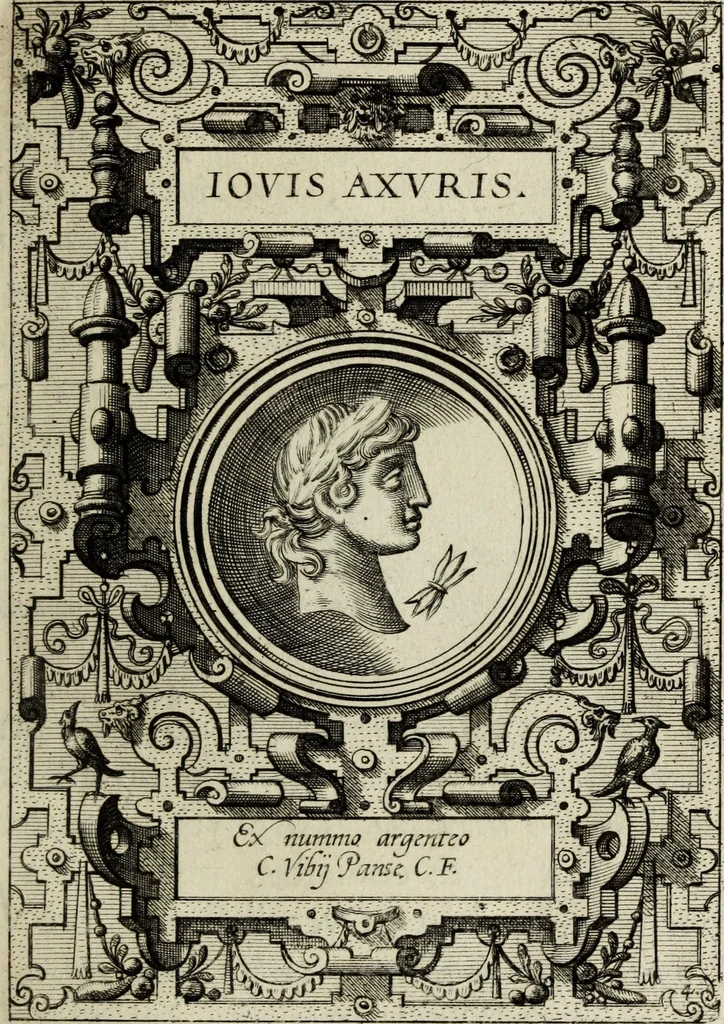 An illustration from Abrahami Ortelii, cosmographi et geographi regii, Deorum dearumque capita, ex antiquis numismatibus collecta, 1683, leaf 28