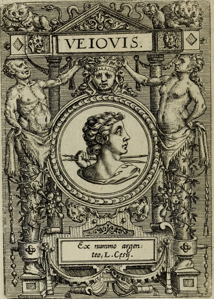 An illustration from Abrahami Ortelii, cosmographi et geographi regii, Deorum dearumque capita, ex antiquis numismatibus collecta, 1683, leaf 31
