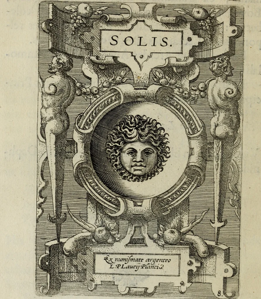 An illustration from Abrahami Ortelii, cosmographi et geographi regii, Deorum dearumque capita, ex antiquis numismatibus collecta, 1683, leaf 39