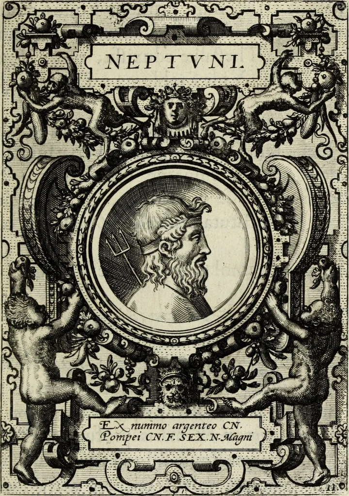 An illustration from Abrahami Ortelii, cosmographi et geographi regii, Deorum dearumque capita, ex antiquis numismatibus collecta, 1683, leaf 46