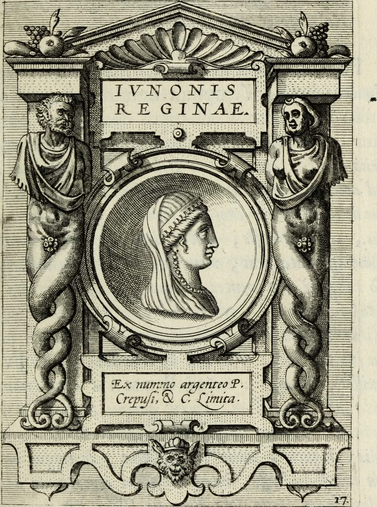 An illustration from Abrahami Ortelii, cosmographi et geographi regii, Deorum dearumque capita, ex antiquis numismatibus collecta, 1683, leaf 64