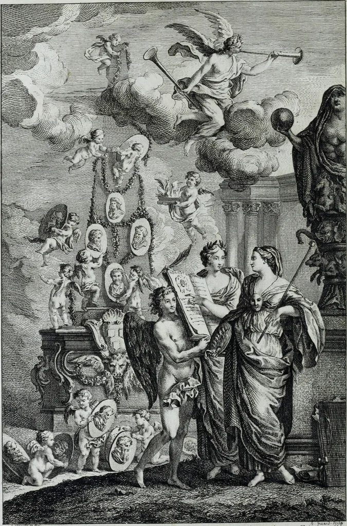 An illustration from Abregé de la vie des fameux peintres : avec leurs portraits gravés en taille-douce, les indications de leurs principaux ouvrages, quelques réflexions sur leurs caractéres, et la maniere de connoître les desseins des grands maîtres, 1745, leaf 5