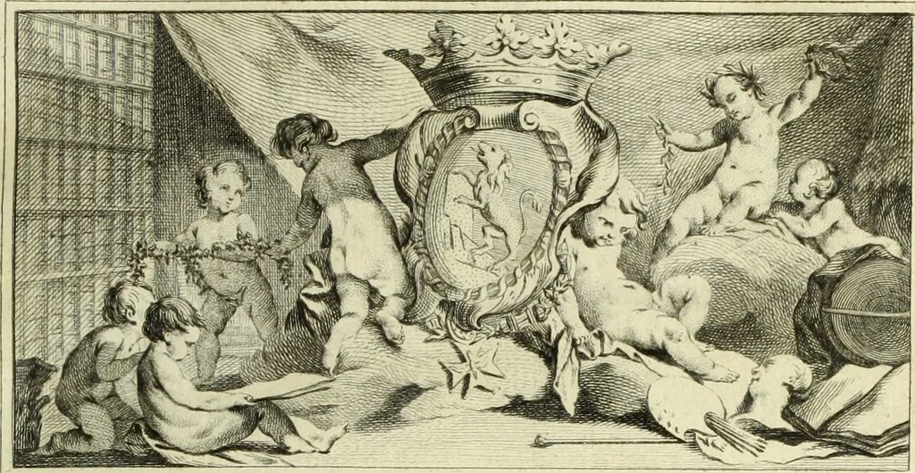 An illustration from Abregé de la vie des fameux peintres : avec leurs portraits gravés en taille-douce, les indications de leurs principaux ouvrages, quelques réflexions sur leurs caractéres, et la maniere de connoître les desseins des grands maîtres, 1745, leaf 8