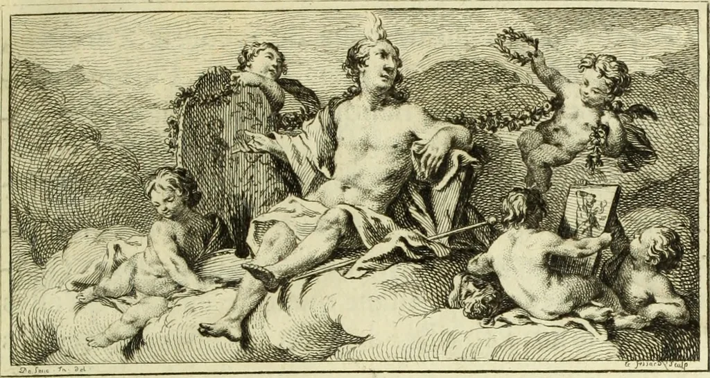 An illustration from Abregé de la vie des fameux peintres : avec leurs portraits gravés en taille-douce, les indications de leurs principaux ouvrages, quelques réflexions sur leurs caractéres, et la maniere de connoître les desseins des grands maîtres, 1745, leaf 6