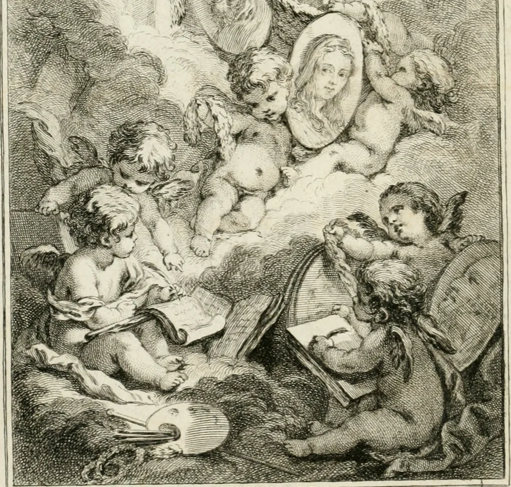 An illustration from Abrégé de la vie des plus fameux peintres, avec leurs portraits gravés en taille-douce, les indications de leurs principaux ouvrages, quelques réflexions sur leurs caractères, et la maniere de connoître les desseins et les tableaux des grands maîtres, 1762, leaf 7