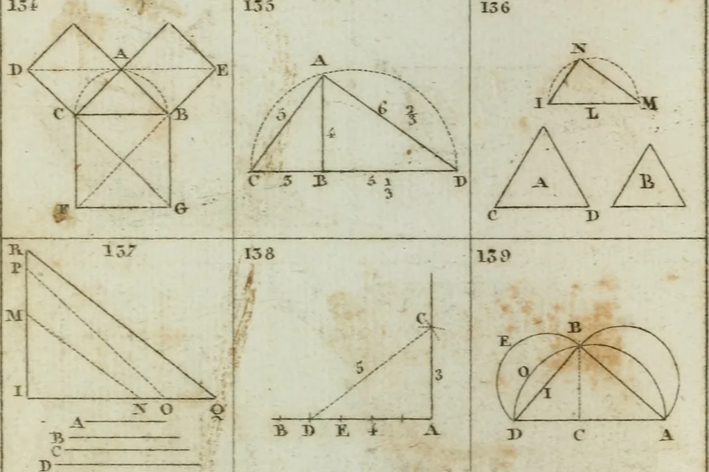 An illustration from Abrégé de géometrie pratique : appliquée au dessin linéaire, au toisé et au lever des plans : suivi des principes de l'architecture et de la perspective, 1834, leaf 195