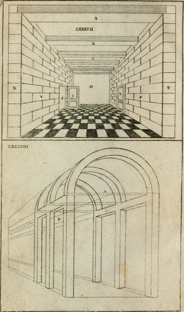 An illustration from Abrégé de géometrie pratique : appliquée au dessin linéaire, au toisé et au lever des plans : suivi des principes de l'architecture et de la perspective, 1834, leaf 295