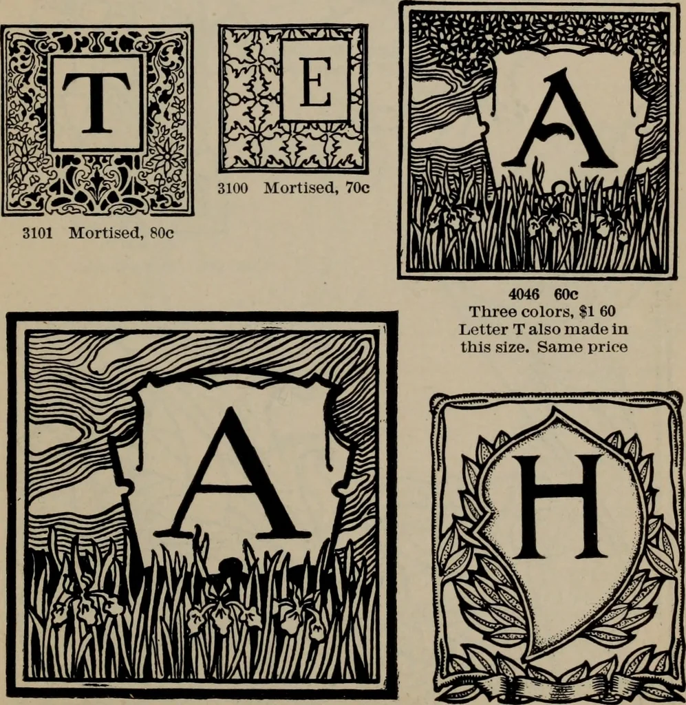 An illustration from Abridged specimen book, type : nickel-alloy on universal line comprising a price list of types, borders, leads and slugs, brass rule, brass galleys ; miscellaneous cuts and general supplies for printers, 1906, leaf 358