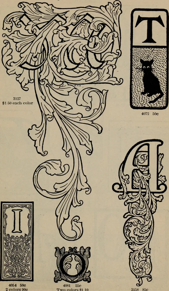 An illustration from Abridged specimen book, type : nickel-alloy on universal line comprising a price list of types, borders, leads and slugs, brass rule, brass galleys ; miscellaneous cuts and general supplies for printers, 1906, leaf 360
