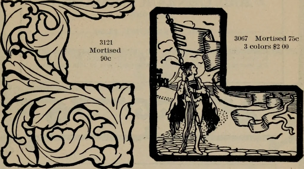 An illustration from Abridged specimen book, type : nickel-alloy on universal line comprising a price list of types, borders, leads and slugs, brass rule, brass galleys ; miscellaneous cuts and general supplies for printers, 1906, leaf 362